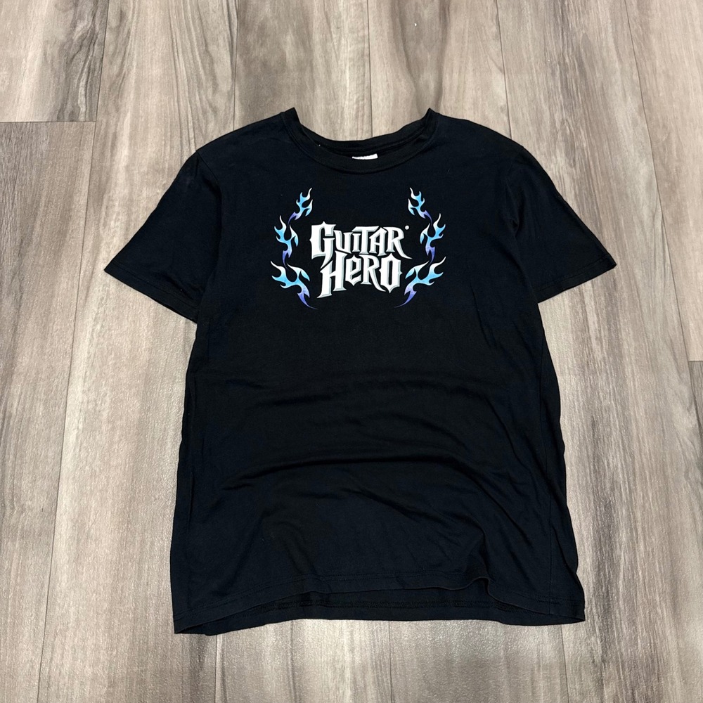 Guitar Hero Graphic T-Shirt Black Blue Flame Logo Gaming Tee Mens Small 1066